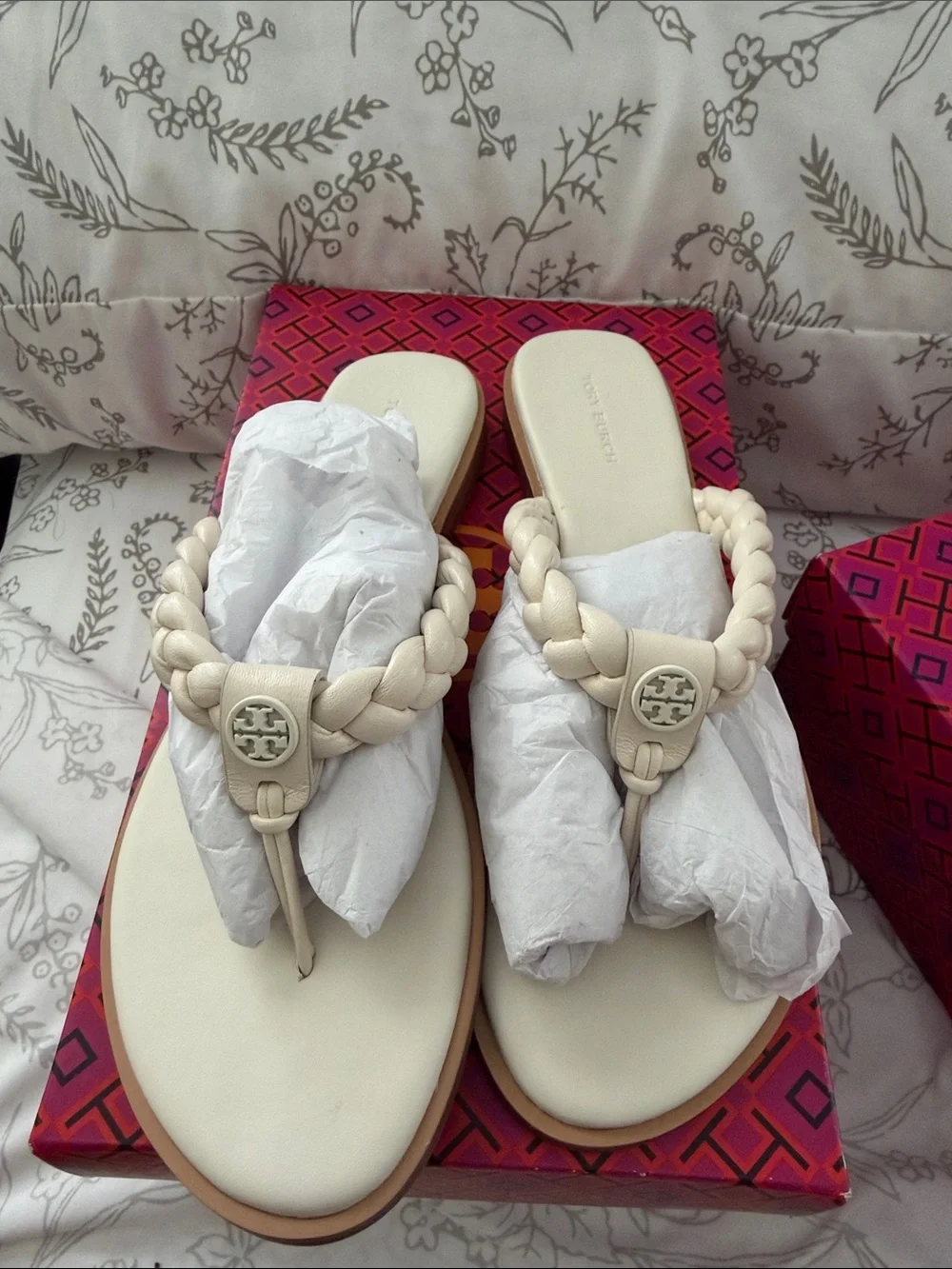 Tory Burch Ivory Braided Thong Sandals with Logo Medallion